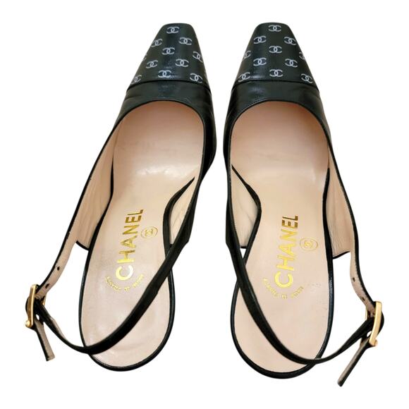 Chanel Vintage Square Toe Slingback Black CC Logo Leather Pumps Heels 6 36.5 - Picture 8 of 12